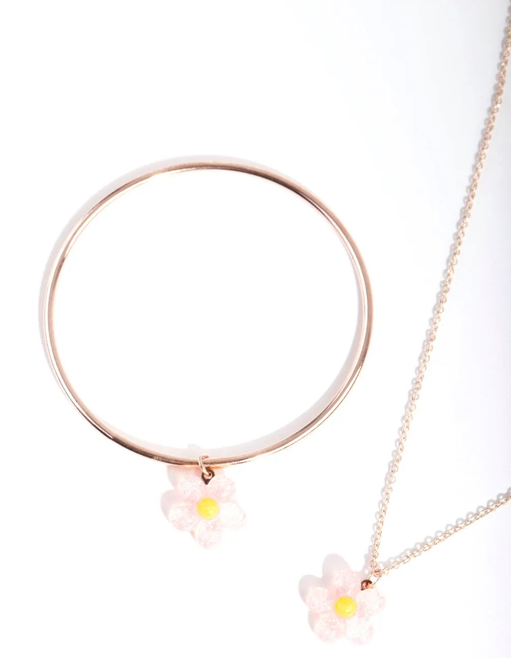 Kids Rose Gold Glitter Flower Necklace Bangle Pack