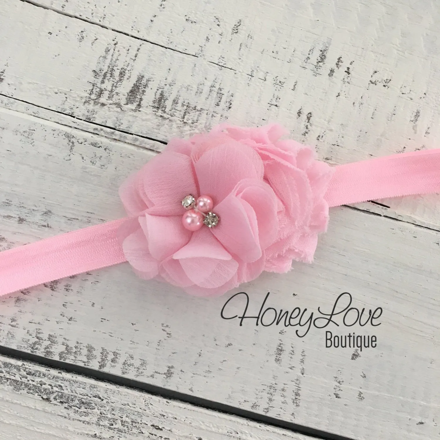 Light Pink shabby chiffon flower rhinestone pearl headband