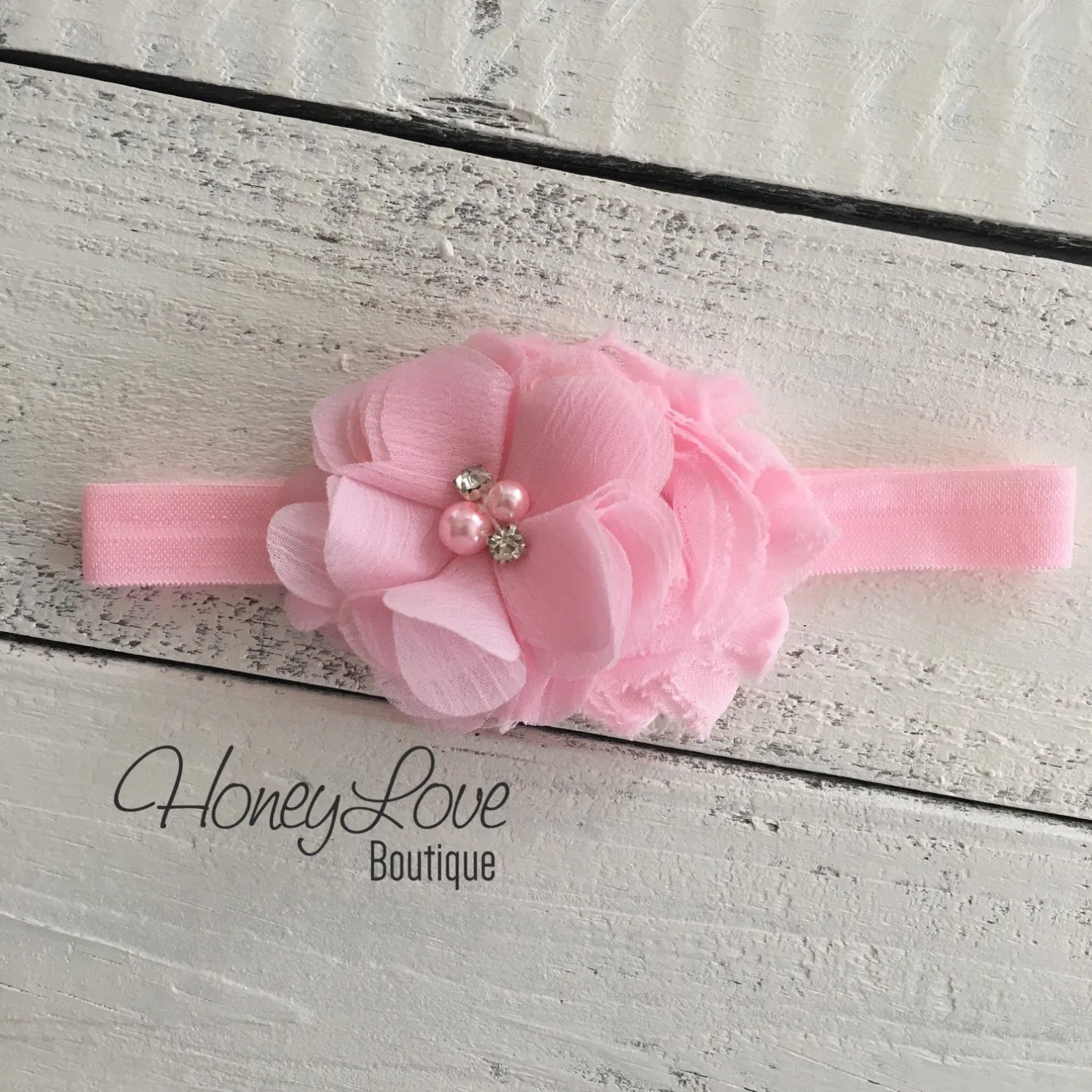 Light Pink shabby chiffon flower rhinestone pearl headband