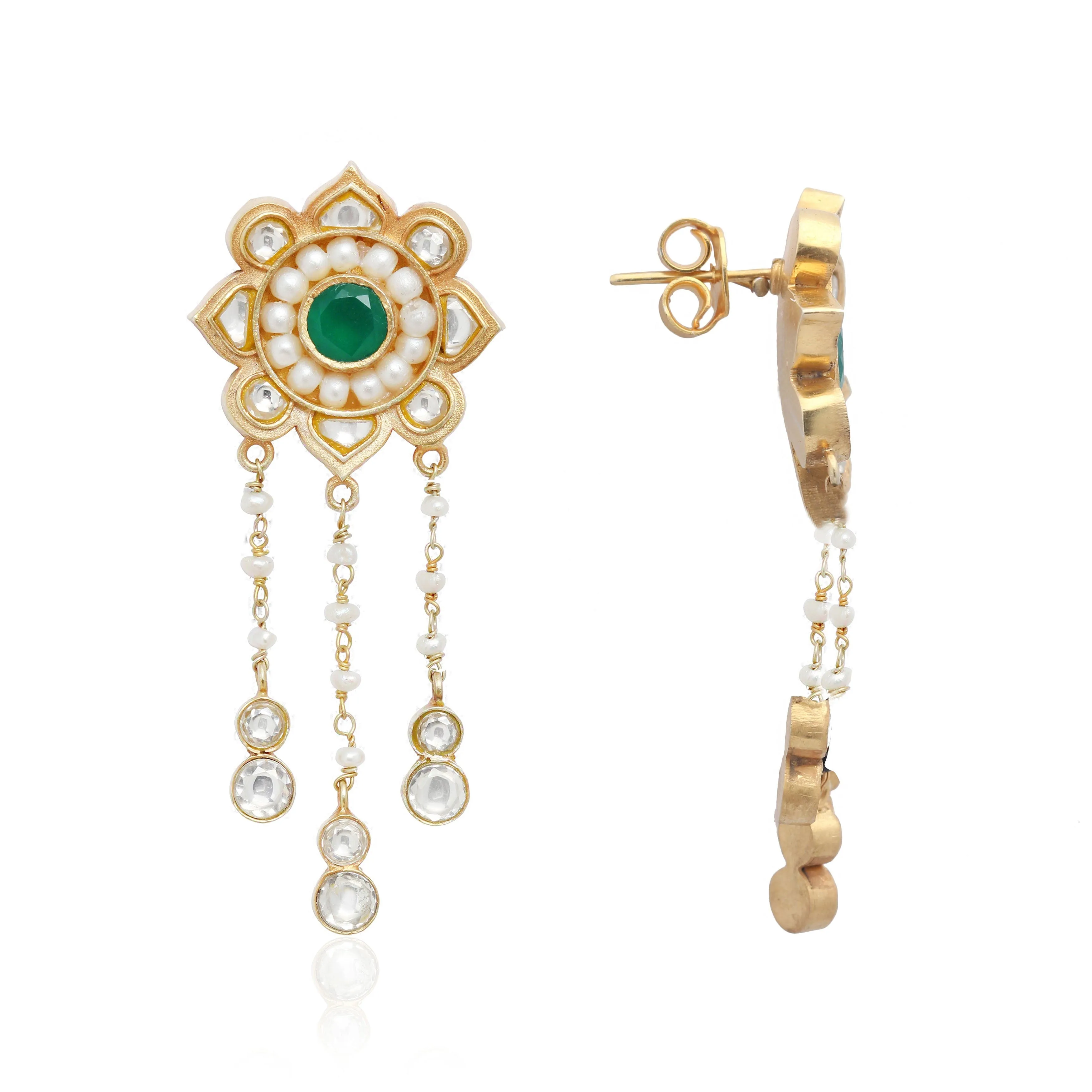 Majestic White Pearl Earrings with Green stone