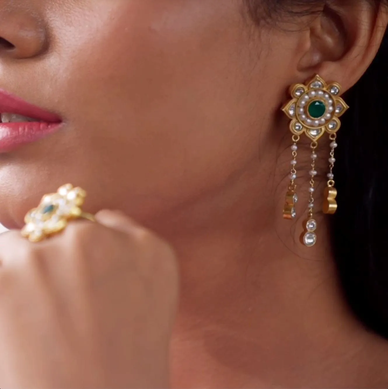 Majestic White Pearl Earrings with Green stone