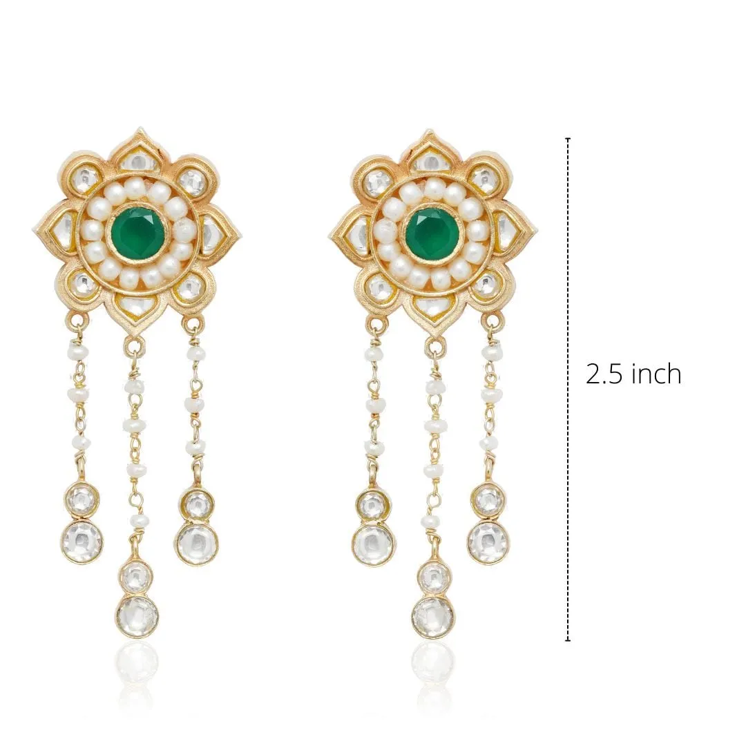 Majestic White Pearl Earrings with Green stone