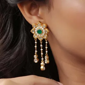 Majestic White Pearl Earrings with Green stone