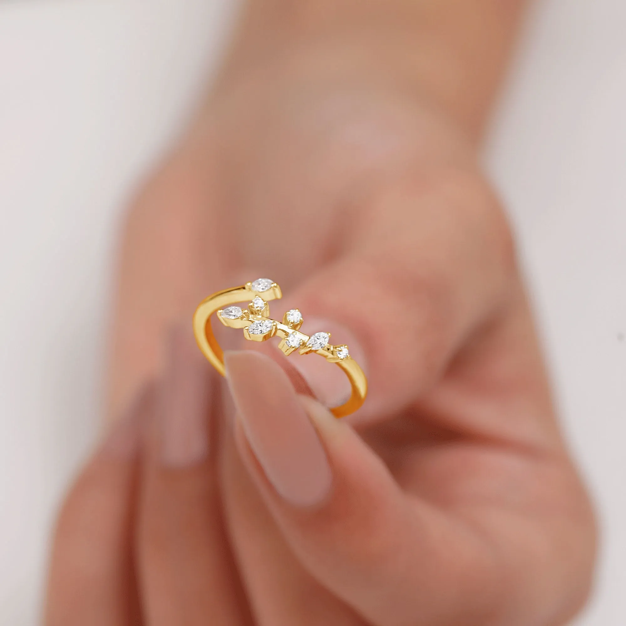 Marquise and Round Shape Natural Diamond Leaf Wrap Ring