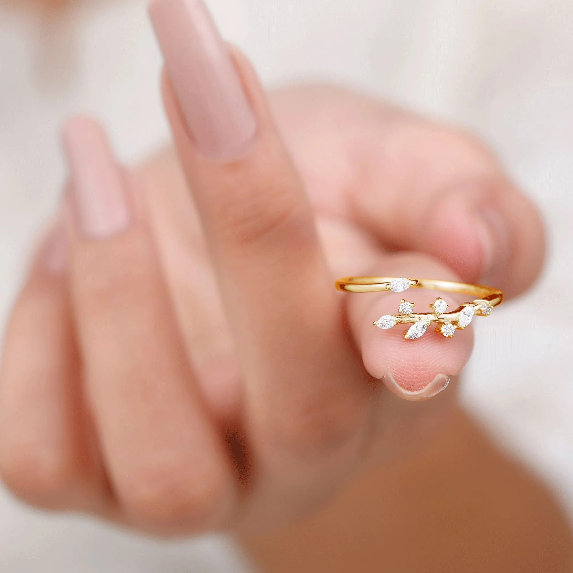 Marquise and Round Shape Natural Diamond Leaf Wrap Ring