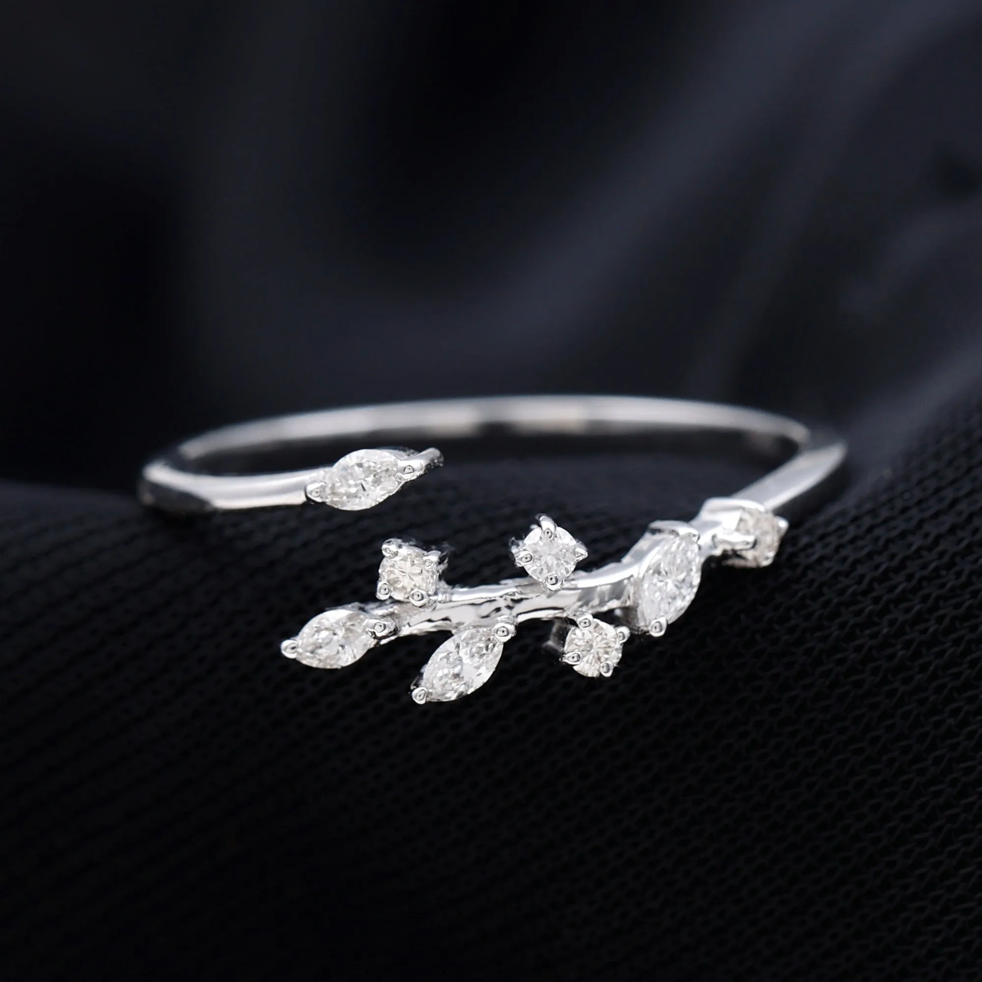 Marquise and Round Shape Natural Diamond Leaf Wrap Ring