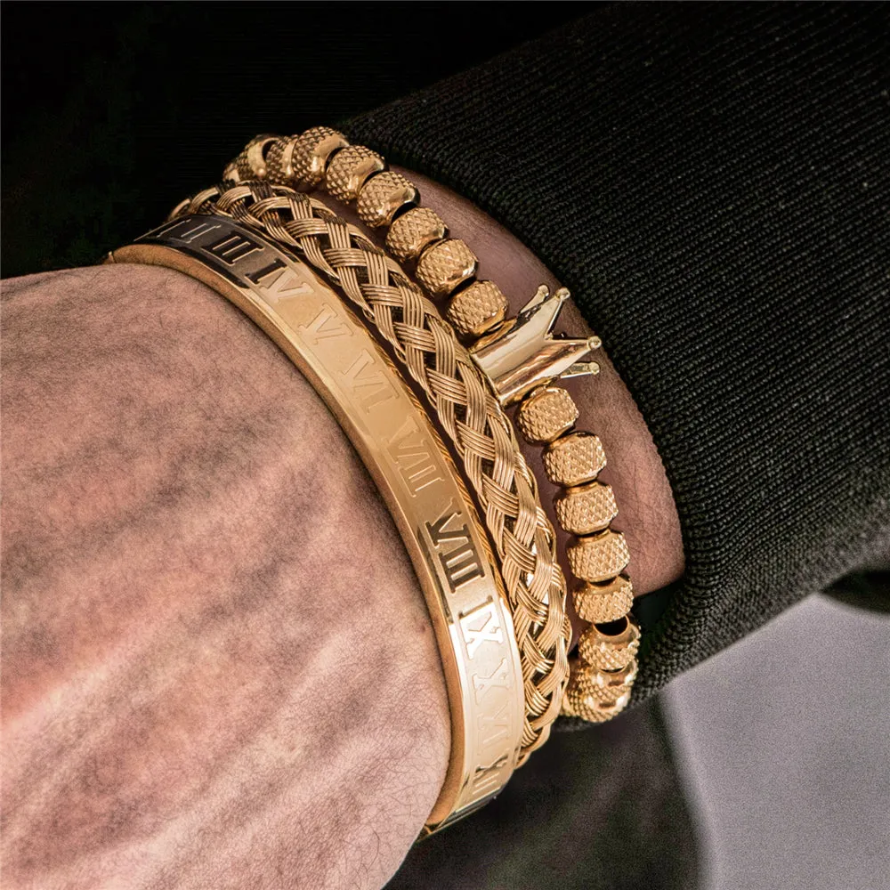 Mens Crown Bracelet Set - Gold