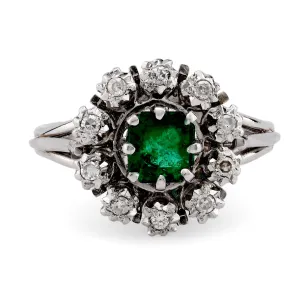 Mid Century Emerald Diamond 18K White Gold Cluster Ring