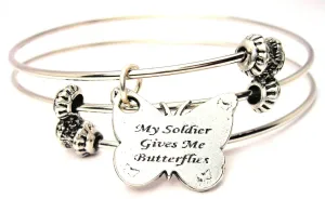 My Soldier Gives Me Butterflies Triple Style Expandable Bangle Bracelet