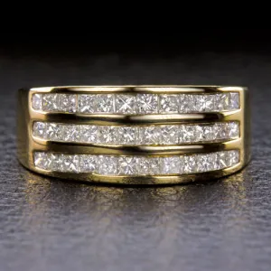 NATURAL DIAMOND COCKTAIL BAND WIDE 3 ROW RING PRINCESS CUT 1 CARAT YELLOW GOLD