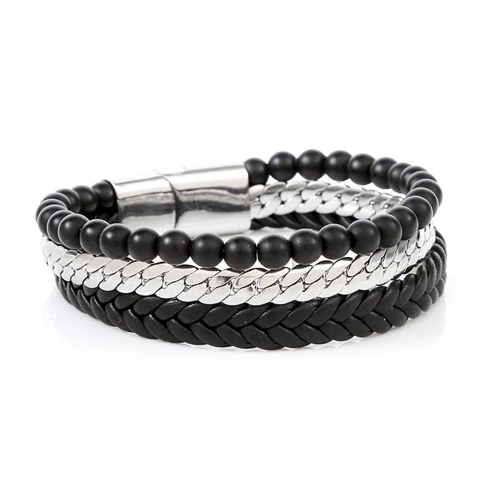 Obsidian Beaded Leather Stainless Steel Chain Men's Bracelet