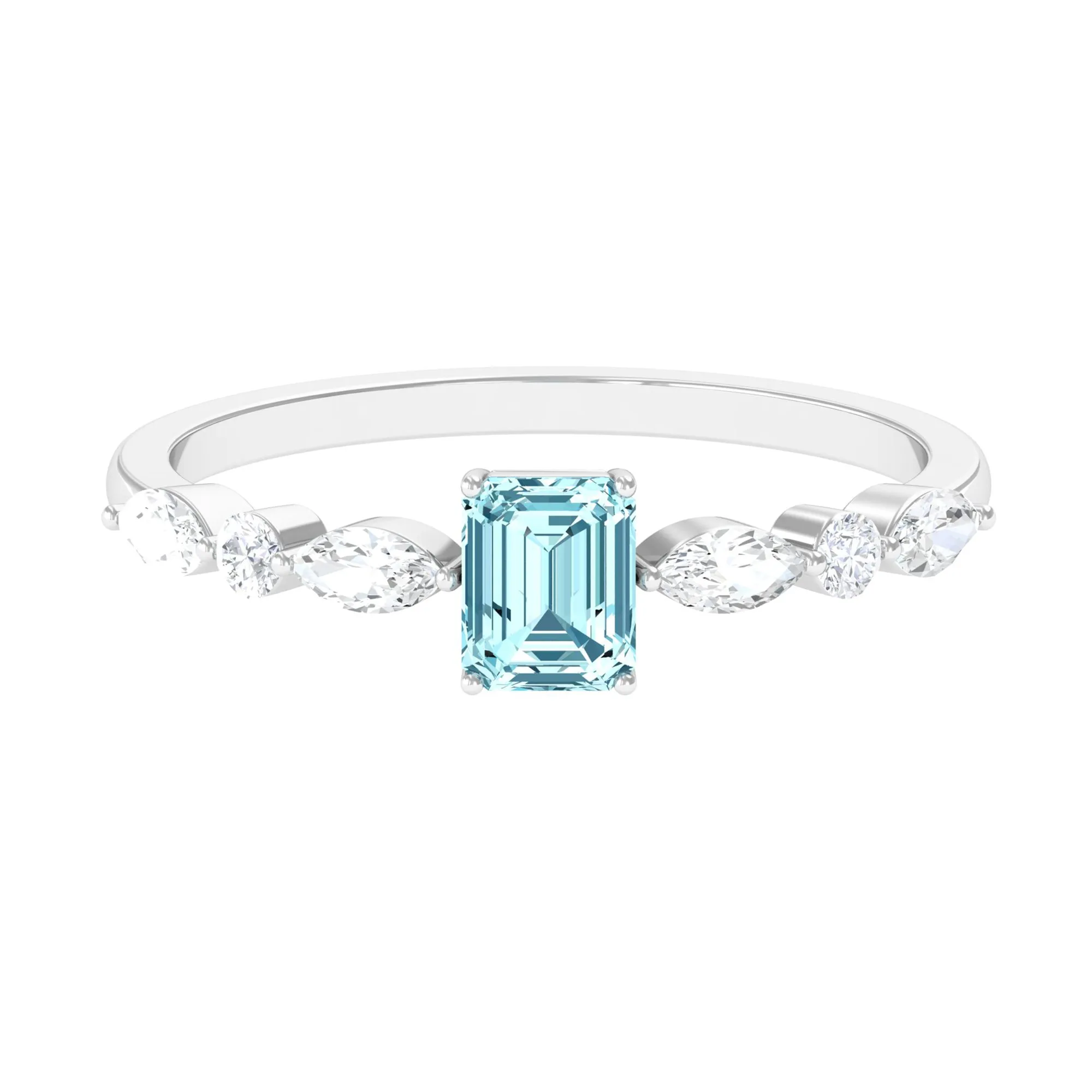 Octagon Aquamarine Solitaire Ring with Diamond Side Stones