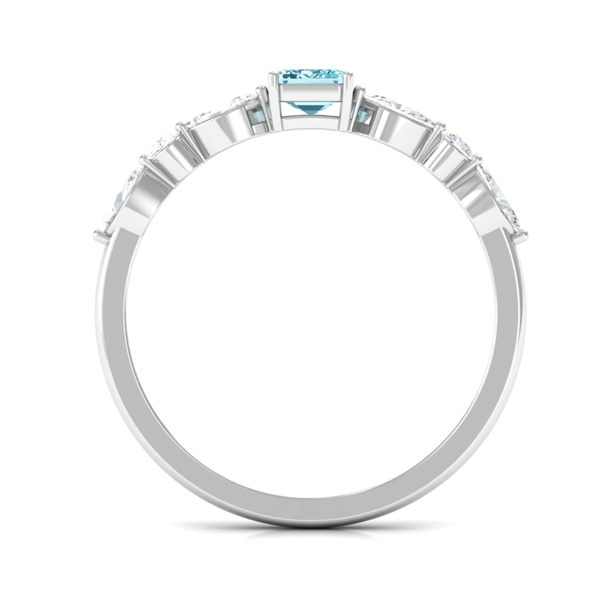 Octagon Aquamarine Solitaire Ring with Diamond Side Stones