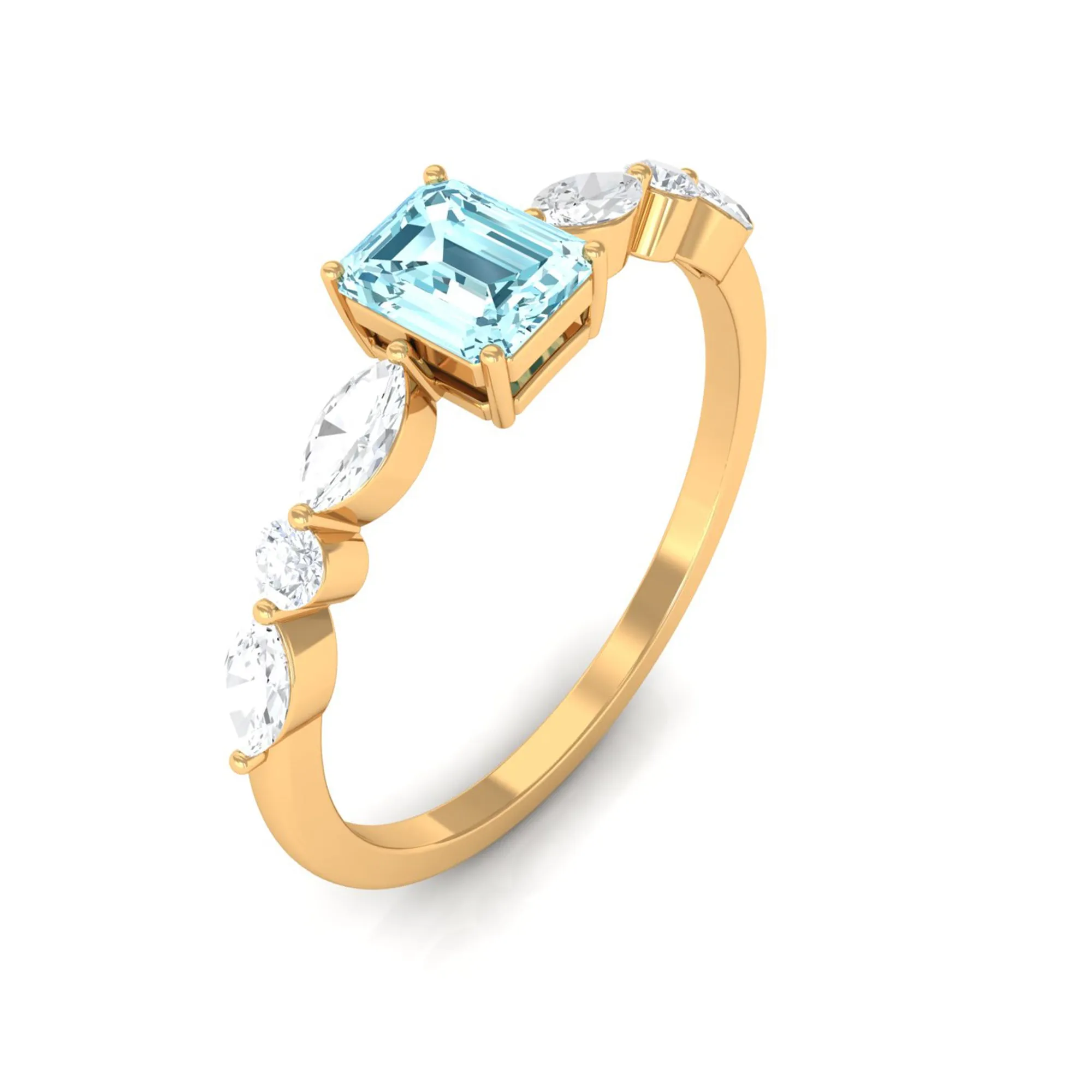 Octagon Aquamarine Solitaire Ring with Diamond Side Stones