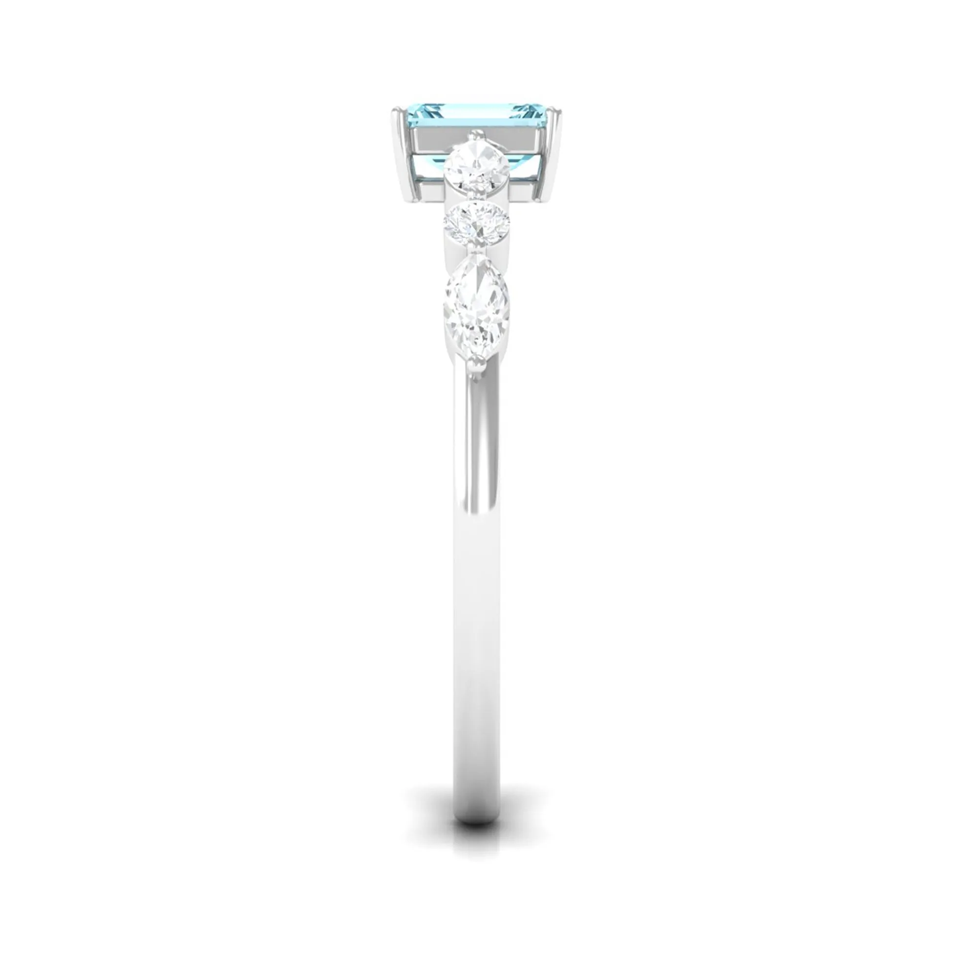 Octagon Aquamarine Solitaire Ring with Diamond Side Stones