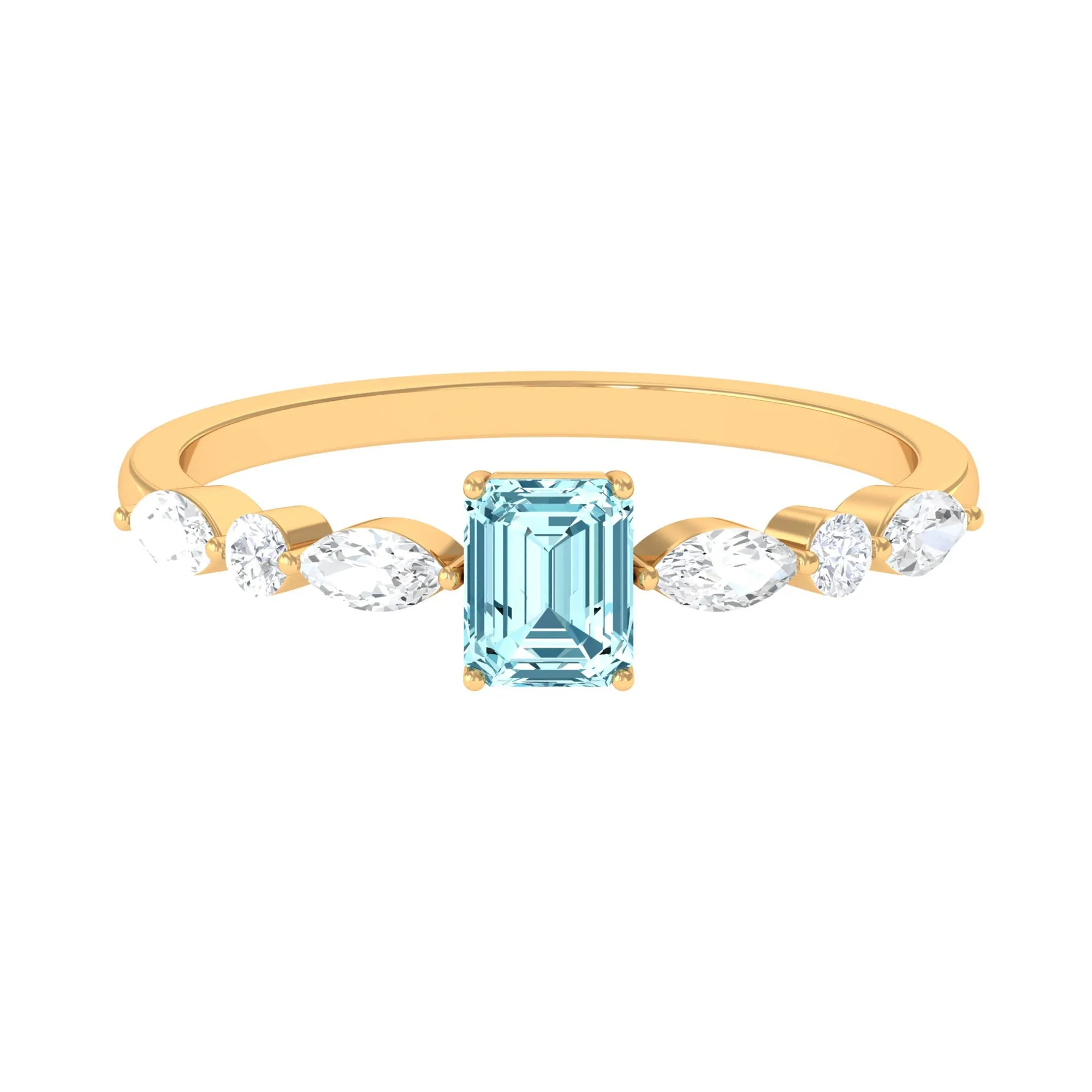 Octagon Aquamarine Solitaire Ring with Diamond Side Stones