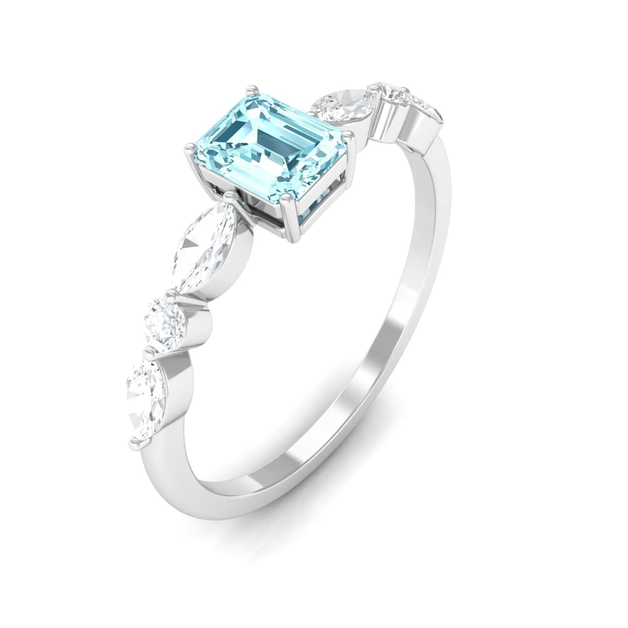 Octagon Aquamarine Solitaire Ring with Diamond Side Stones