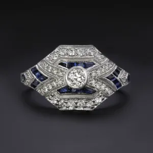 OLD EUROPEAN CUT DIAMOND SAPPHIRE VINTAGE STYLE RING ART DECO CALIBRE COCKTAIL