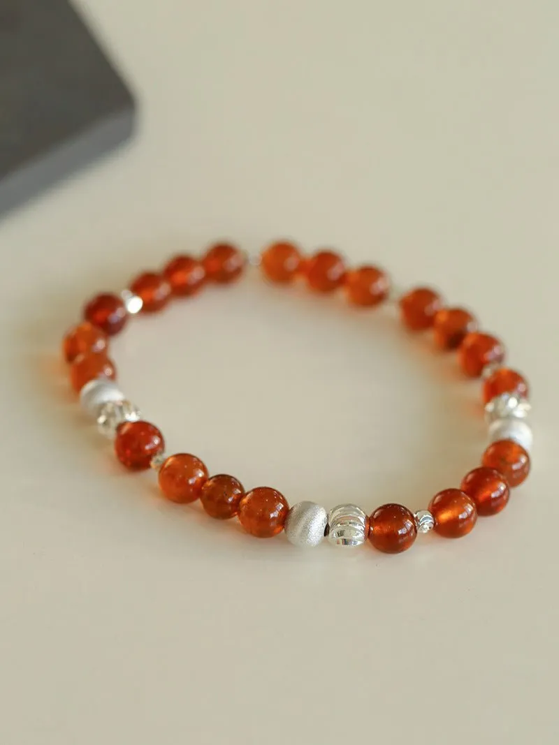 Orange Red Garnet Cat's Eye Silver Beaded Bracelets