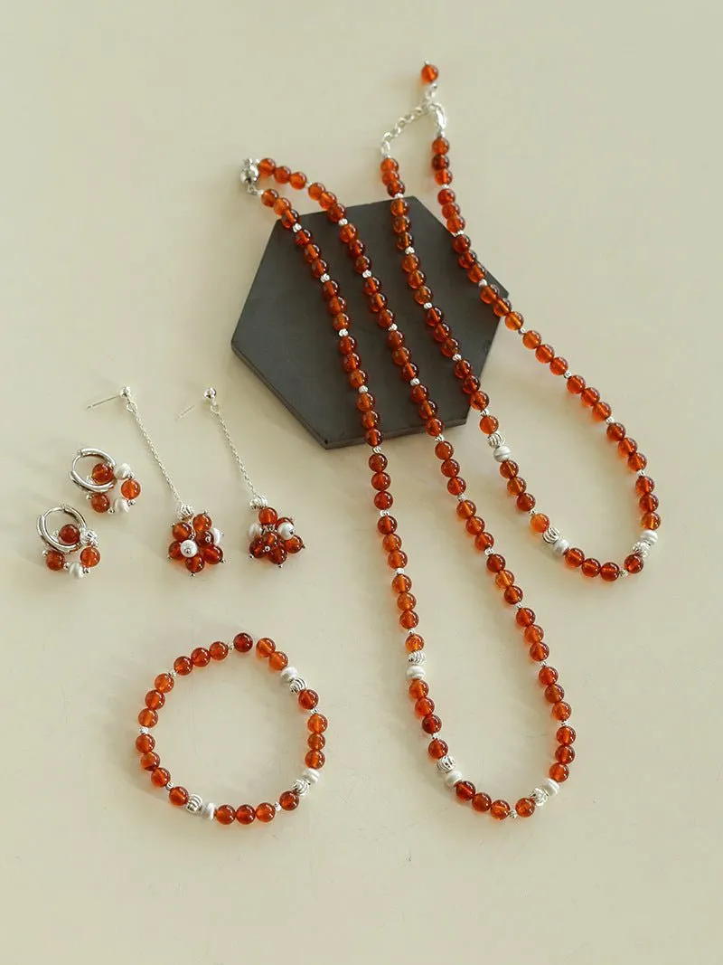 Orange Red Garnet Cat's Eye Silver Beaded Bracelets