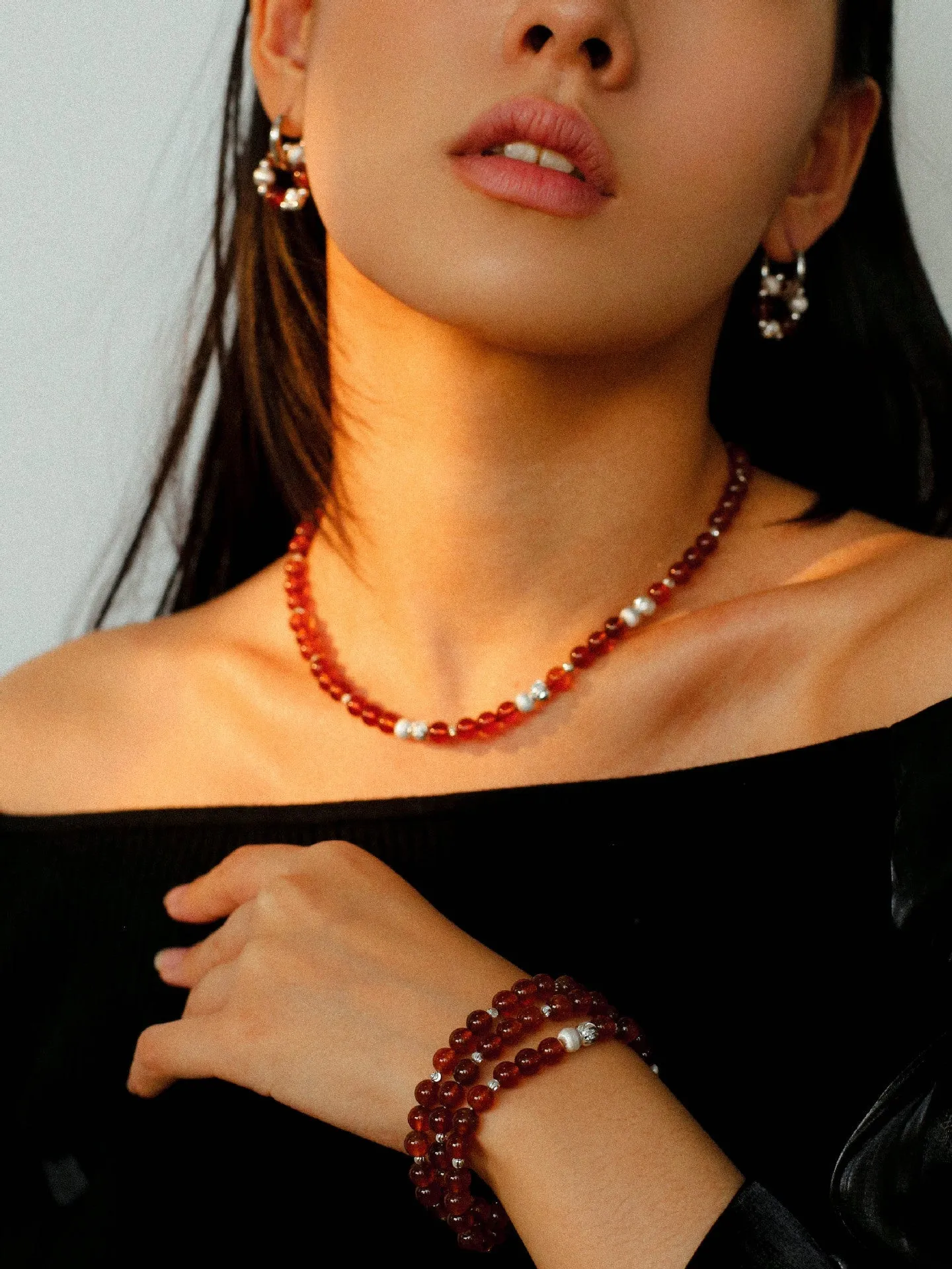 Orange Red Garnet Cat's Eye Silver Beaded Bracelets