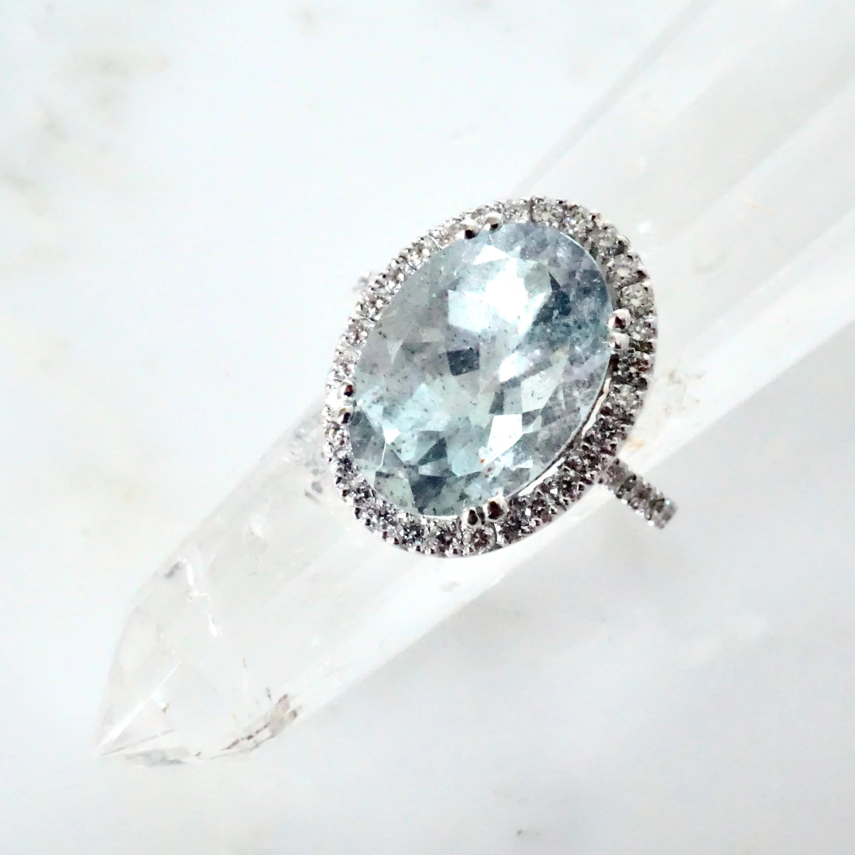 Oval Aquamarine and Diamond Ring 14k White Gold - Women's Aquamarine Halo Ring - Aquamarine Halo Ring - March Birthstone Ring