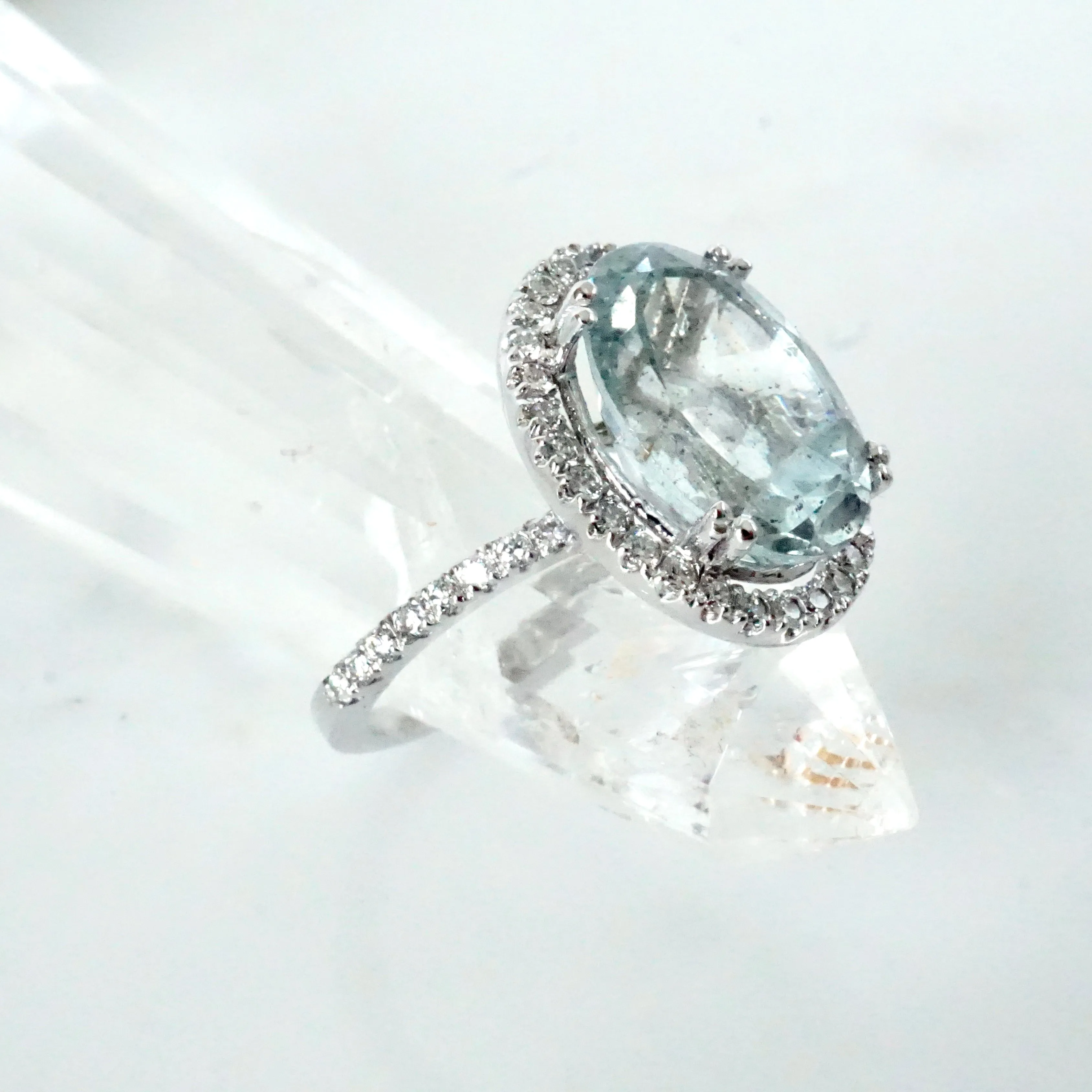 Oval Aquamarine and Diamond Ring 14k White Gold - Women's Aquamarine Halo Ring - Aquamarine Halo Ring - March Birthstone Ring