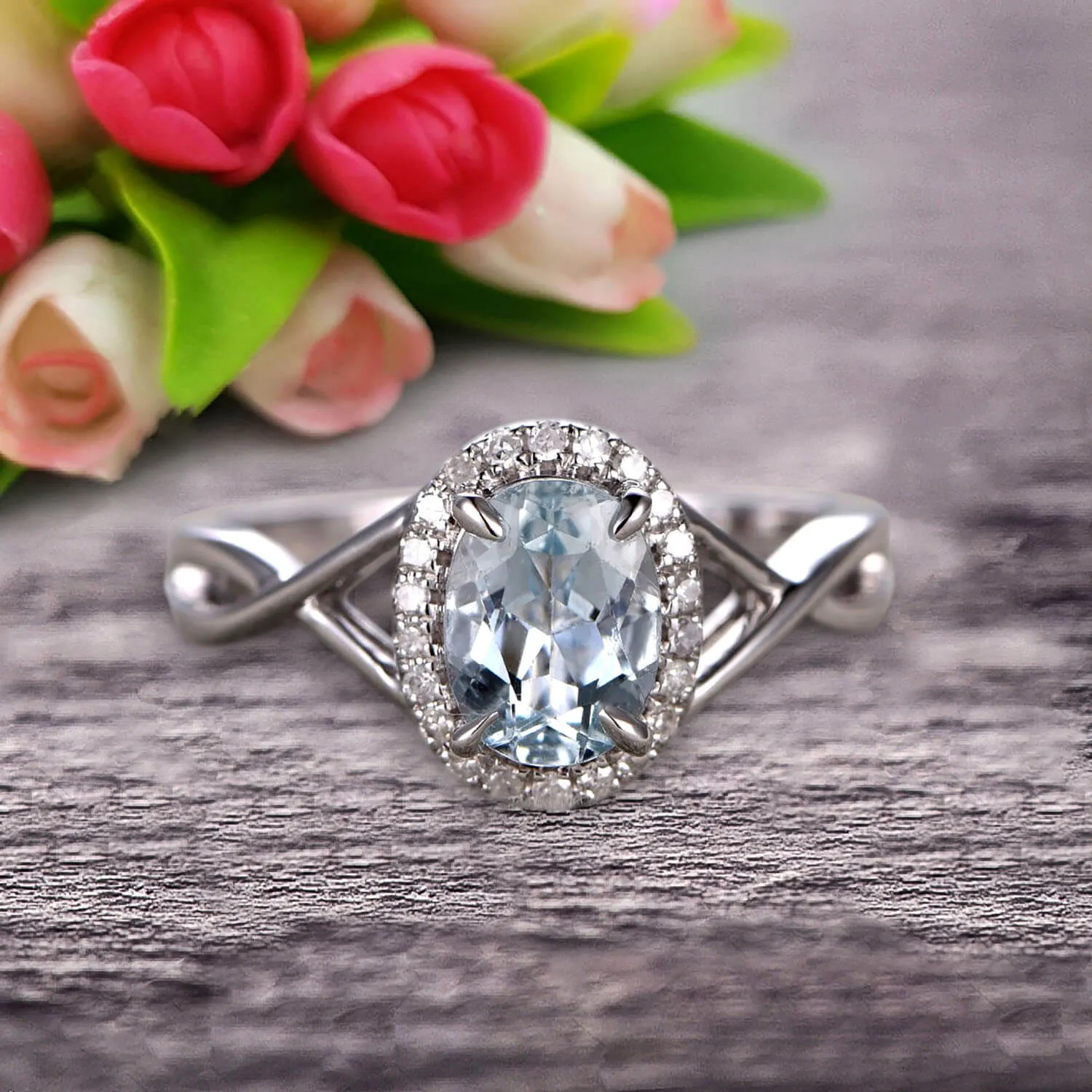 Oval Cut 1.25 Carat Aquamarine Engagement Ring Anniversary Gift On 10k White Gold Art Deco