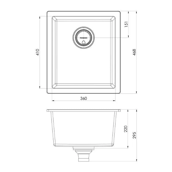 Phoenix 5000 Series Single Bowl Quartz Resin Sink 418 x 468mm Matte Black