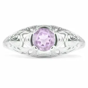 PINK AMETHYST STERLING SILVER VINTAGE STYLE SOLITAIRE RING FLORAL PROMISE PURPLE