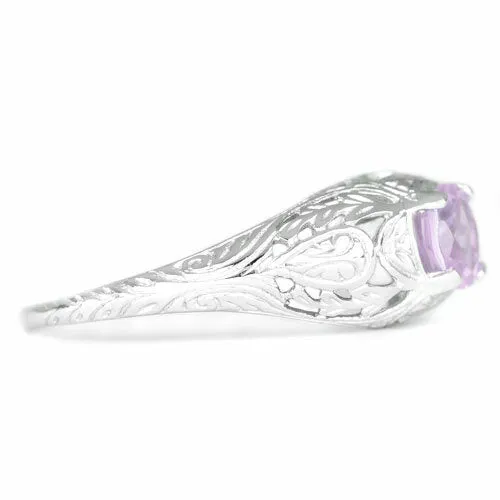 PINK AMETHYST STERLING SILVER VINTAGE STYLE SOLITAIRE RING FLORAL PROMISE PURPLE