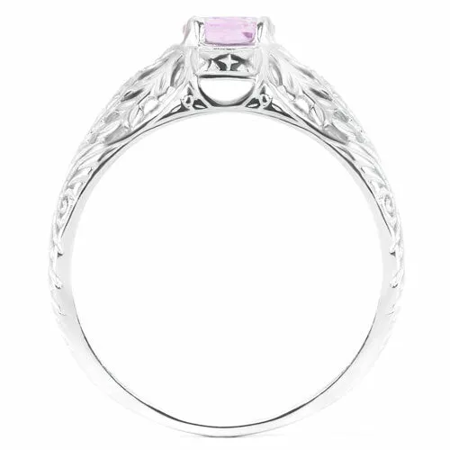 PINK AMETHYST STERLING SILVER VINTAGE STYLE SOLITAIRE RING FLORAL PROMISE PURPLE