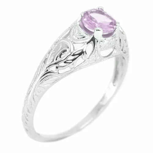 PINK AMETHYST STERLING SILVER VINTAGE STYLE SOLITAIRE RING FLORAL PROMISE PURPLE