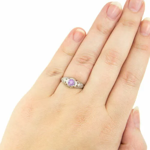 PINK AMETHYST STERLING SILVER VINTAGE STYLE SOLITAIRE RING FLORAL PROMISE PURPLE