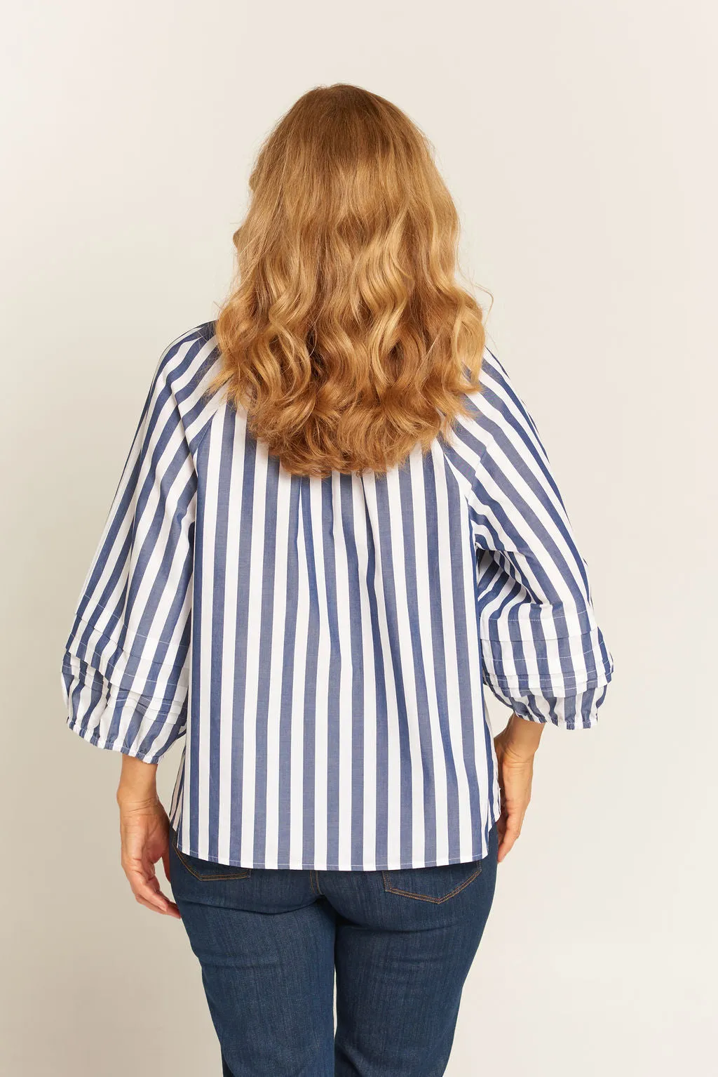 Pleat Sleeve Cotton Blouse Navy/White