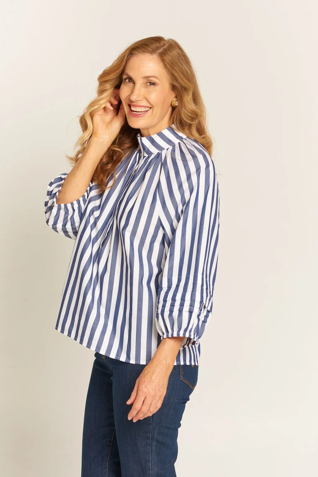 Pleat Sleeve Cotton Blouse Navy/White