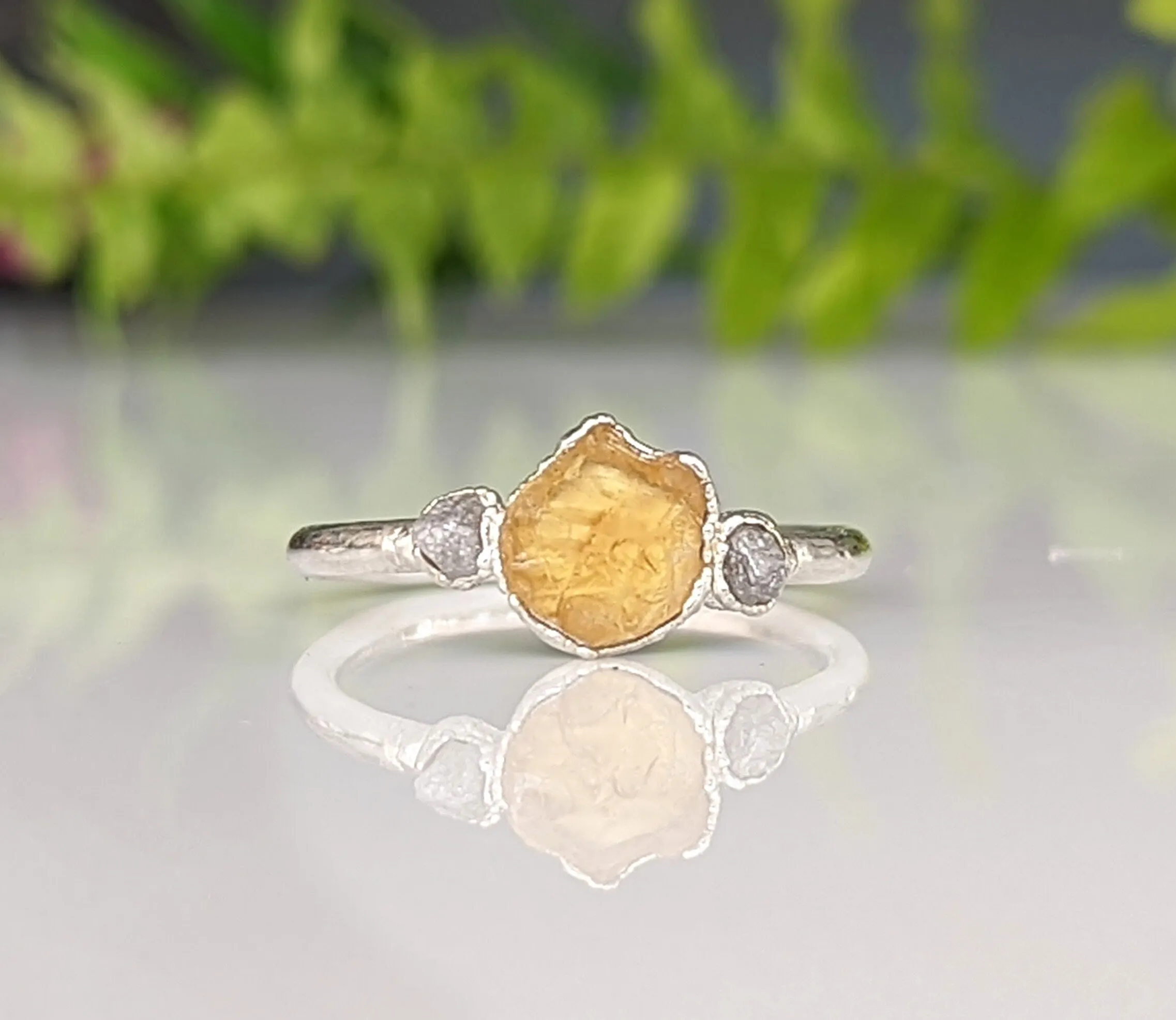 Raw Citrine & diamond ring