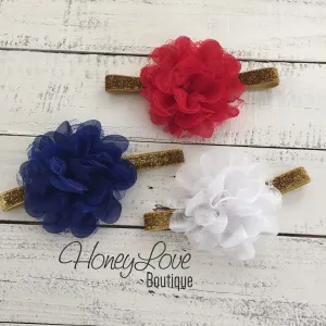 Red White or Blue Lace Layered Flower - Silver/Gold headband