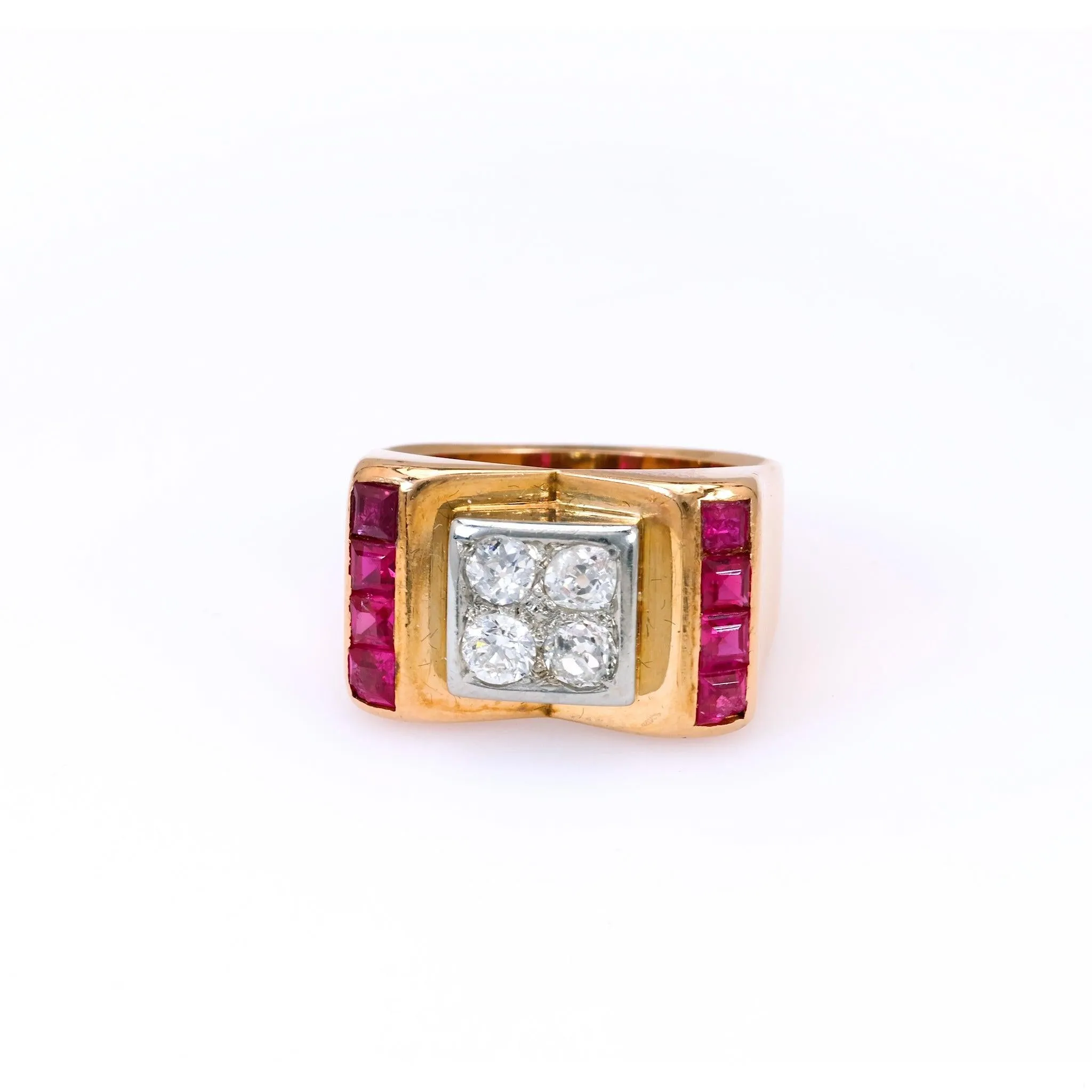 Retro French Diamond and Ruby 18k Two Tone Gold Tank Ring