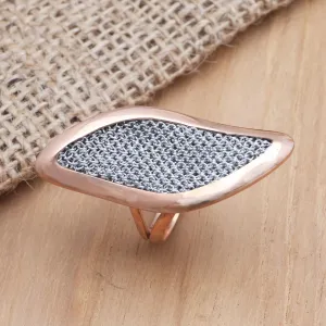 Rose Gold-Plated Brass and Mesh Cocktail Ring - Rosy Leaves | NOVICA