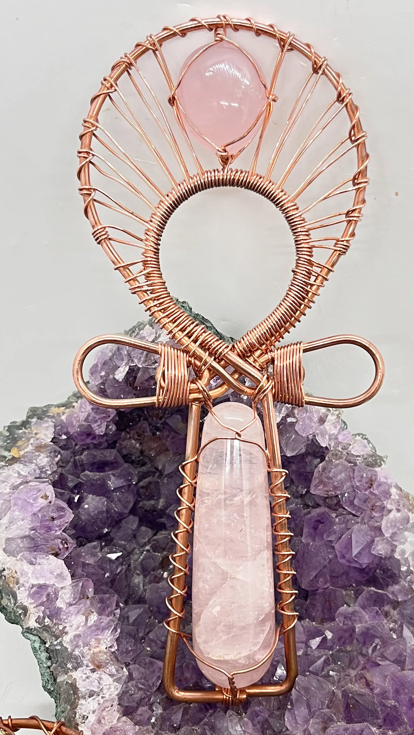 Rose Quartz Copper Handheld Ankh 9 inch