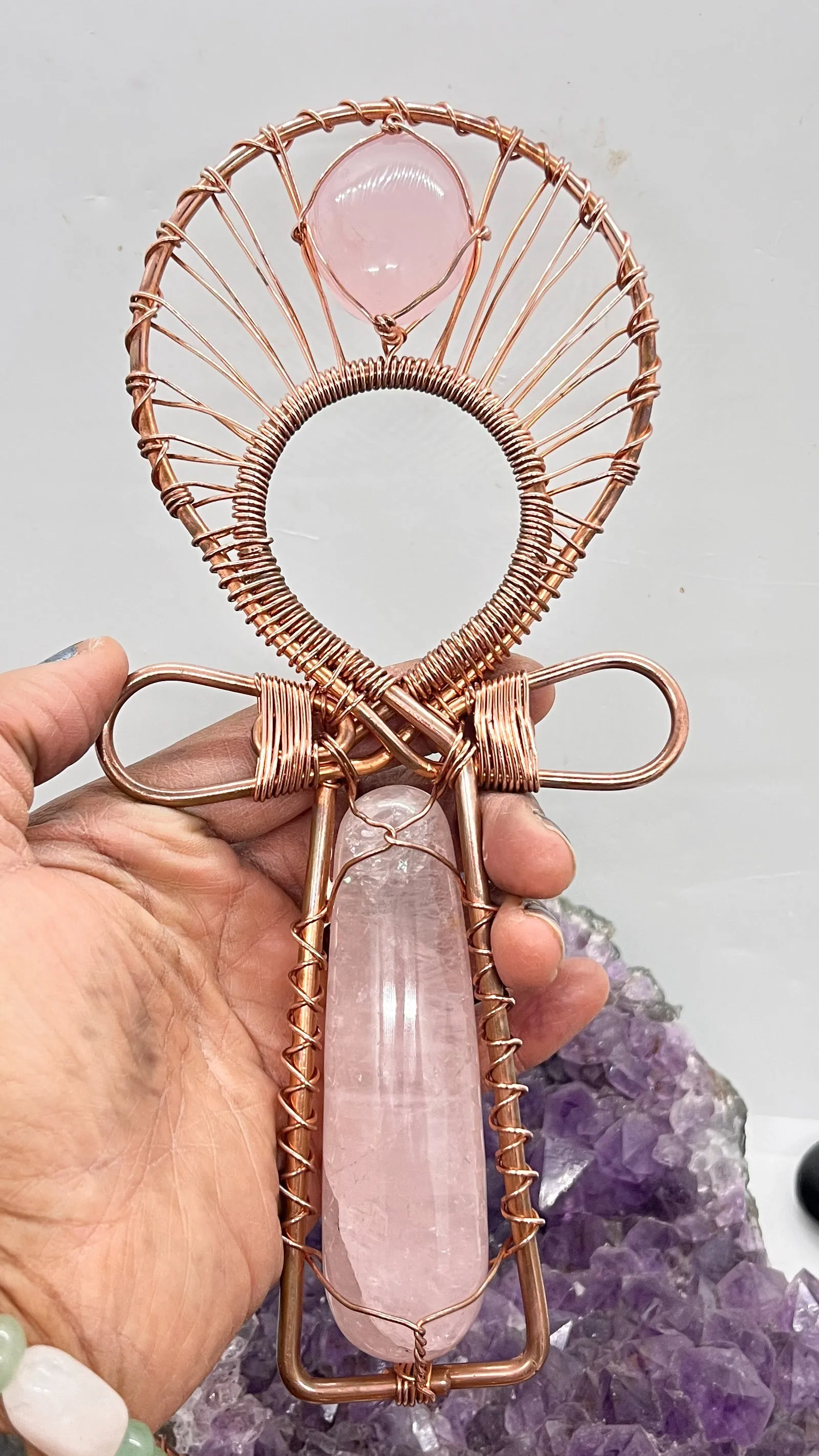 Rose Quartz Copper Handheld Ankh 9 inch