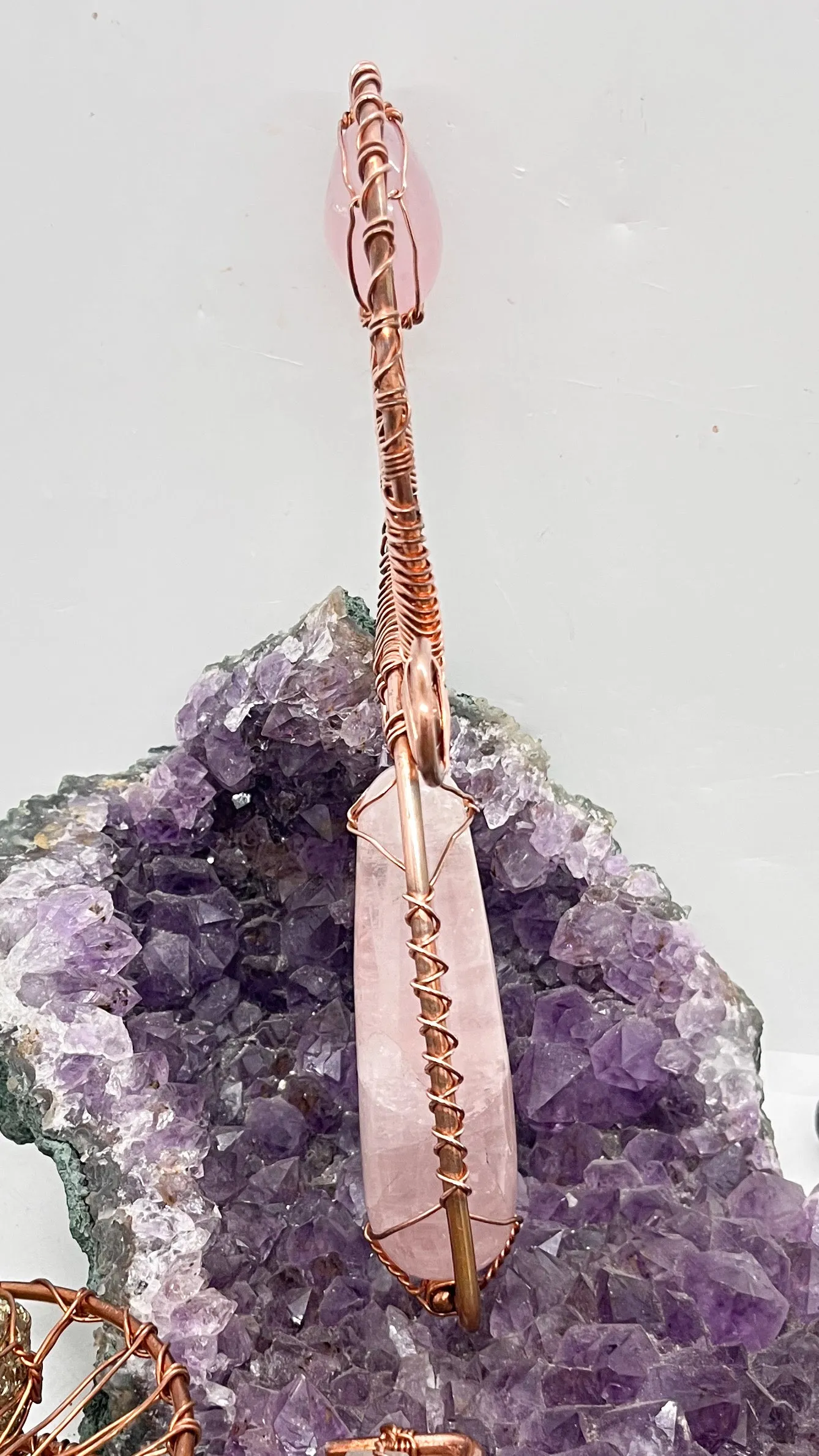 Rose Quartz Copper Handheld Ankh 9 inch