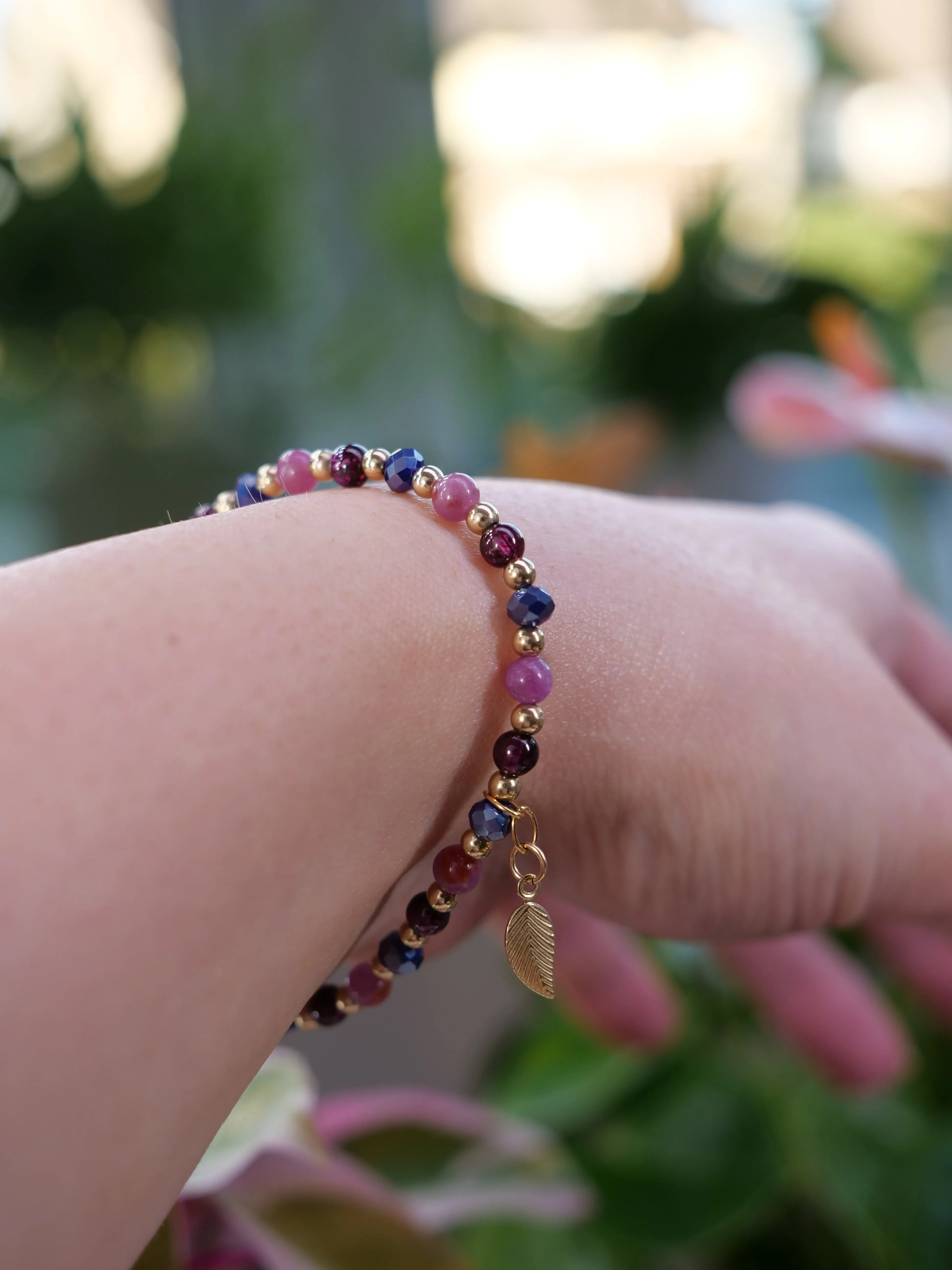 Ruby Rhodolite Garnet 4mm Beaded Natural Mix Gemstone 14ct Gold Filled Elastic Bracelet, Leaf charm bracelet, Multicolour boho bracelet