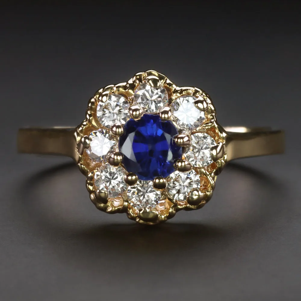 SAPPHIRE DIAMOND HALO RING 14k YELLOW GOLD NATURAL ROUND CUT COCKTAIL BLUE .78ct