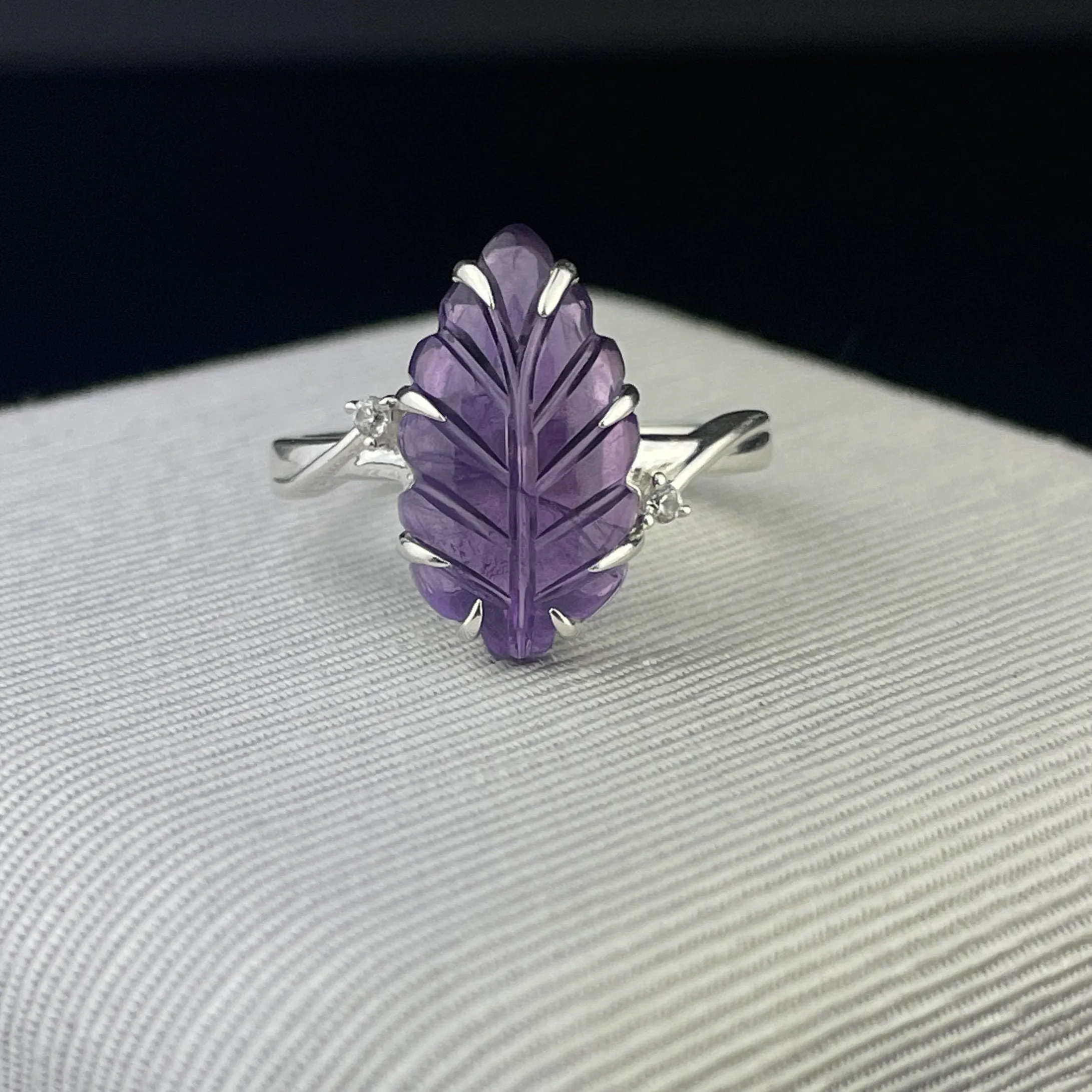 Silver Carved Amethyst Leaf Diamond Statement Ring, Sz 6 3/4