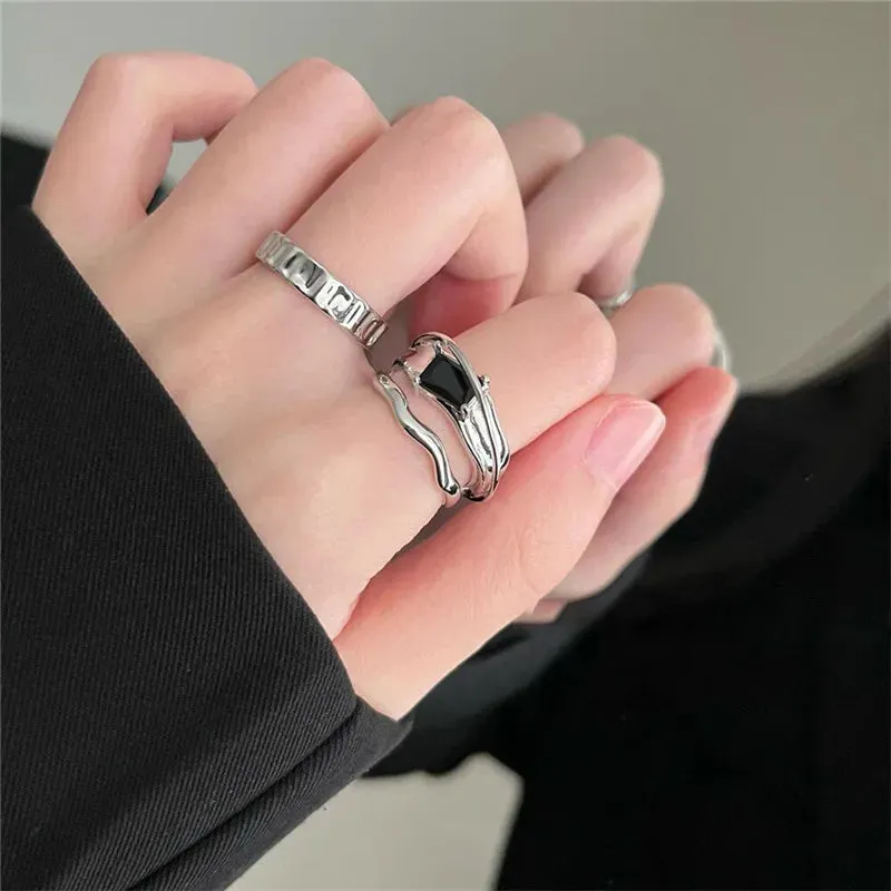 Silver Color Irregular Hollow Double Line Geometric Set Ring Female Simple Unique Design Fashion Adjustable Jewelry Gifts