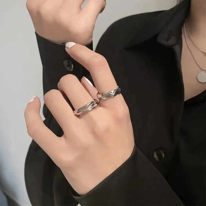 Silver Color Irregular Hollow Double Line Geometric Set Ring Female Simple Unique Design Fashion Adjustable Jewelry Gifts