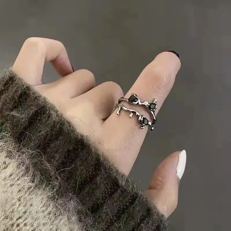 Silver Color Irregular Hollow Double Line Geometric Set Ring Female Simple Unique Design Fashion Adjustable Jewelry Gifts