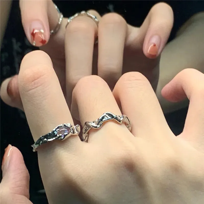 Silver Color Irregular Hollow Double Line Geometric Set Ring Female Simple Unique Design Fashion Adjustable Jewelry Gifts